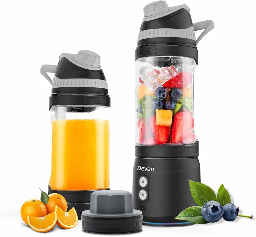 Portable Blender, Anti-Jamming 300 Watt for Shakes and Smoothies, 24oz Travel Blender USB Rechargeable, BPA Free Sporty bottle with a Travel Lid. (Black Base Grey Lid)