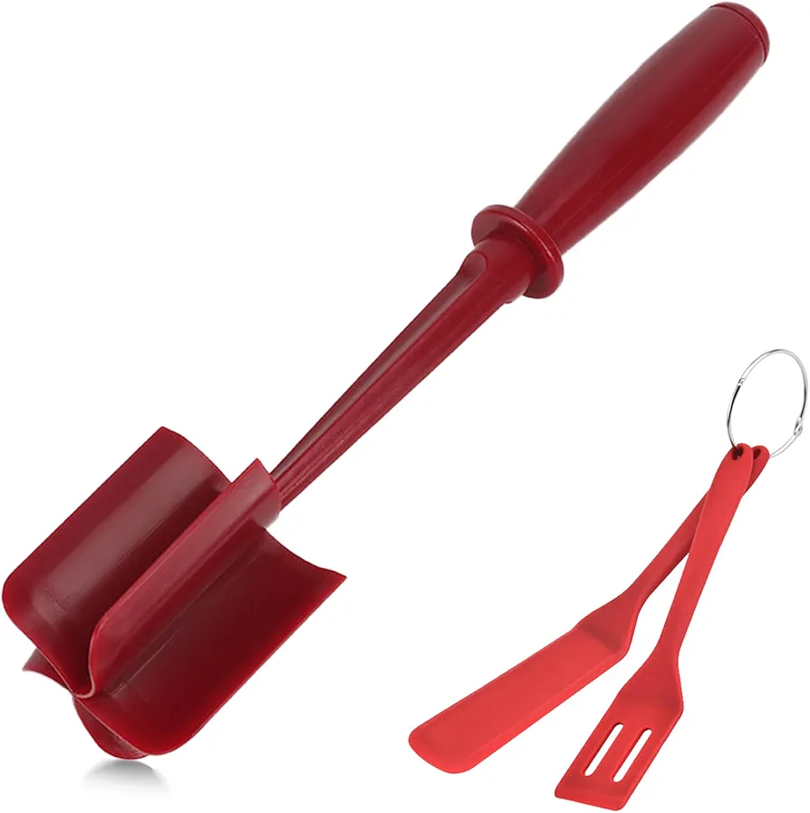 Meat Slicer and Blender, Heat Resistant Burger Chopper, Non-Stick Meat Chopper and Potato Masher for Ground Beef,Ground Chicken, Burger Meat, Egg Salad, with Pair of Silicone Spatulas (Red)