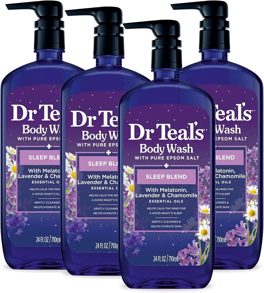 Dr Teal's Body Wash with Pure Epsom Salt, Sleep Blend with Melatonin, Lavender & Chamomile Essential Oils, 24 fl oz (Pack of 4) (Packaging May Vary)