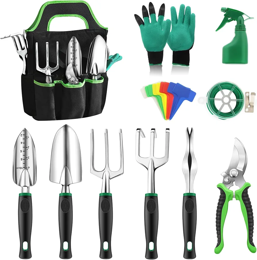 Anykuu Aluminium Outil de Jardinage 21 pcs Tough Résistant à la corrosion Kit de Jardinage Présent Set de Jardinage Adulte Avec Sac de Rangement Gants Antidérapants Semis Taille Repiquage et Entretien