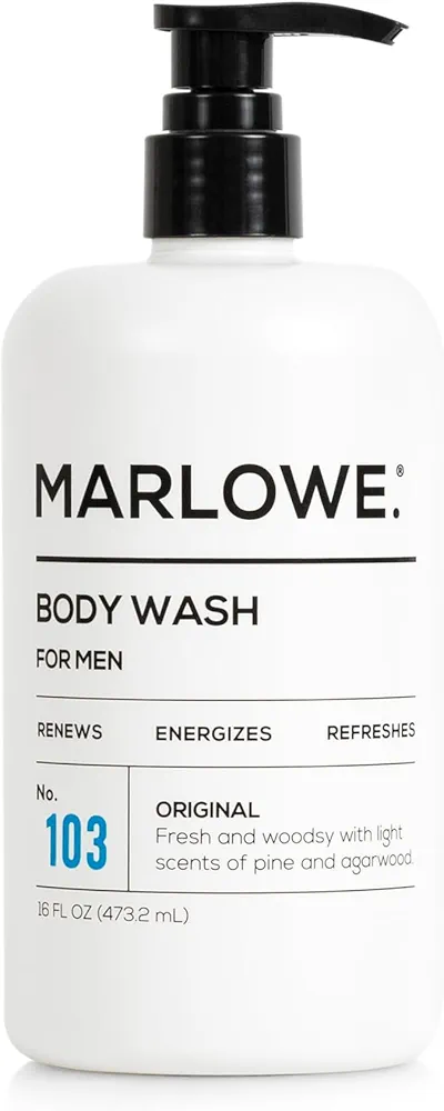 MARLOWE. No. 103 Mens Body Wash 16 oz, Energizing and Refreshing with Moisturizing Natural Willow Bark & Green Tea Extracts, Fresh Pine & Agarwood Scent