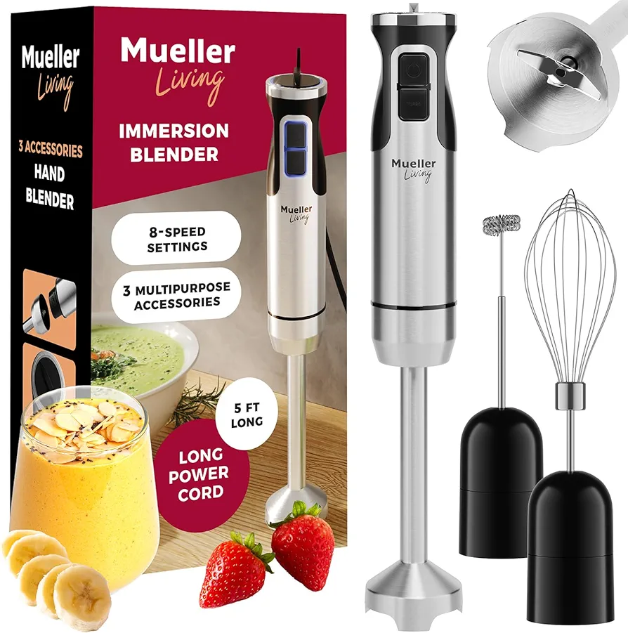 Mueller Immersion Blender Handheld - 8 Speed Stainless Steel Electric Hand Blender, 3 in 1 Emulsion Blender Handheld with Turbo Mode, Stick Blender Emulsifier for Kitchen for Soup, Smoothie, Puree