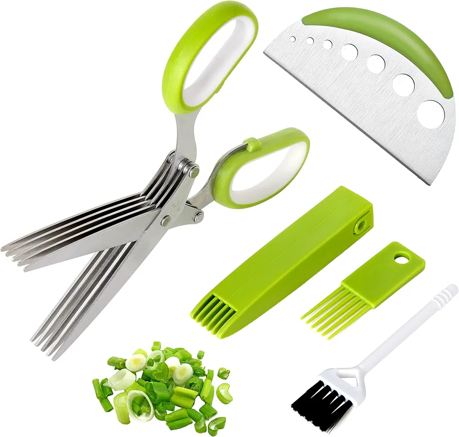 Herb Scissors Salad Scissors, Upgrade Herb Scissors with 5 Blades and Cover + 2 Brush, Kitchen Salad Scissors with Herb Stripping, Multi Scissors Herb Cutter, Smart Cutter Food Scissors Chopper, Green