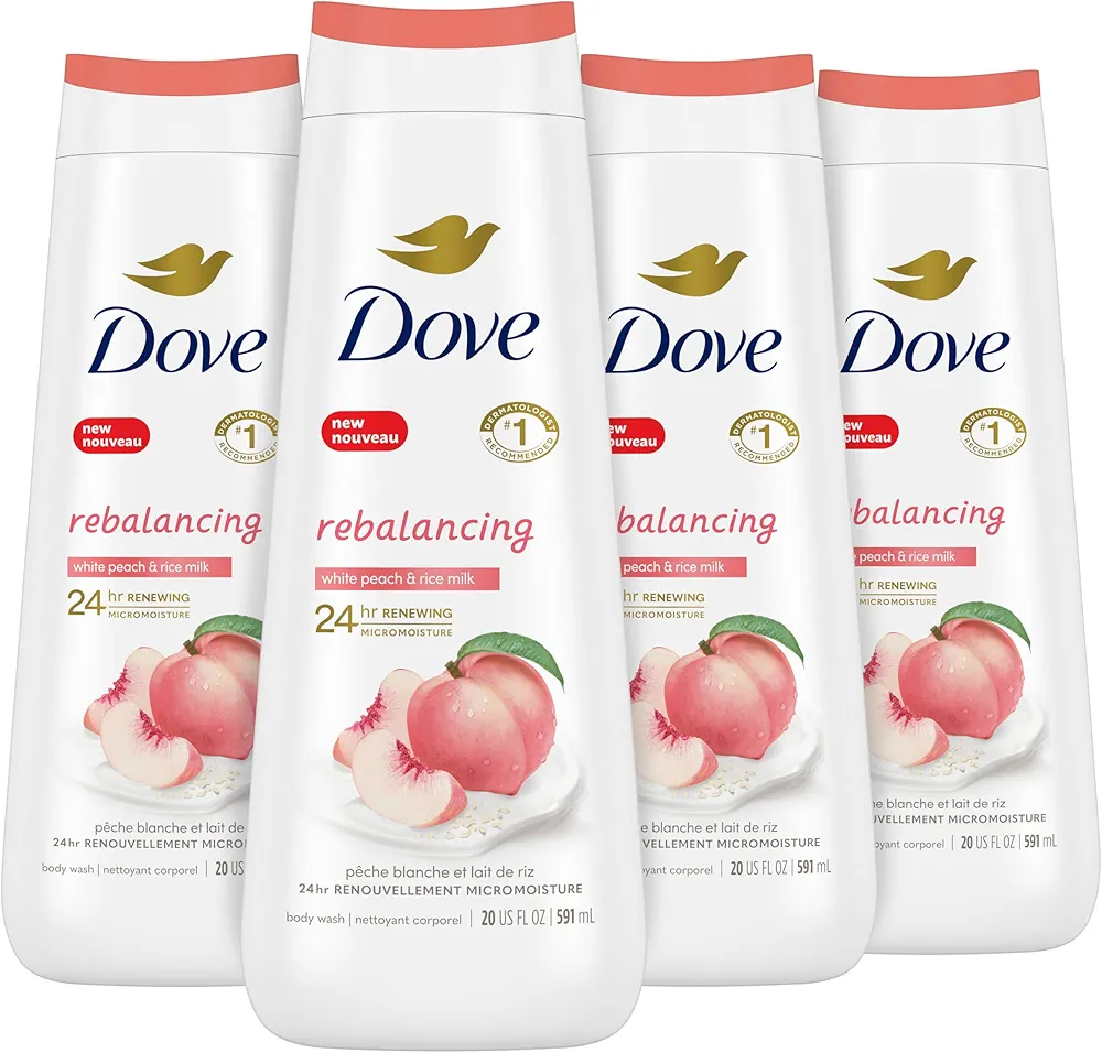 Dove Body Wash Rebalancing White Peach & Rice Milk, 4 Count for Renewed, Healthy Looking Skin, Moisturizing Gentle Skin Cleanser with 24hr Renewing MicroMoisture, 20 oz