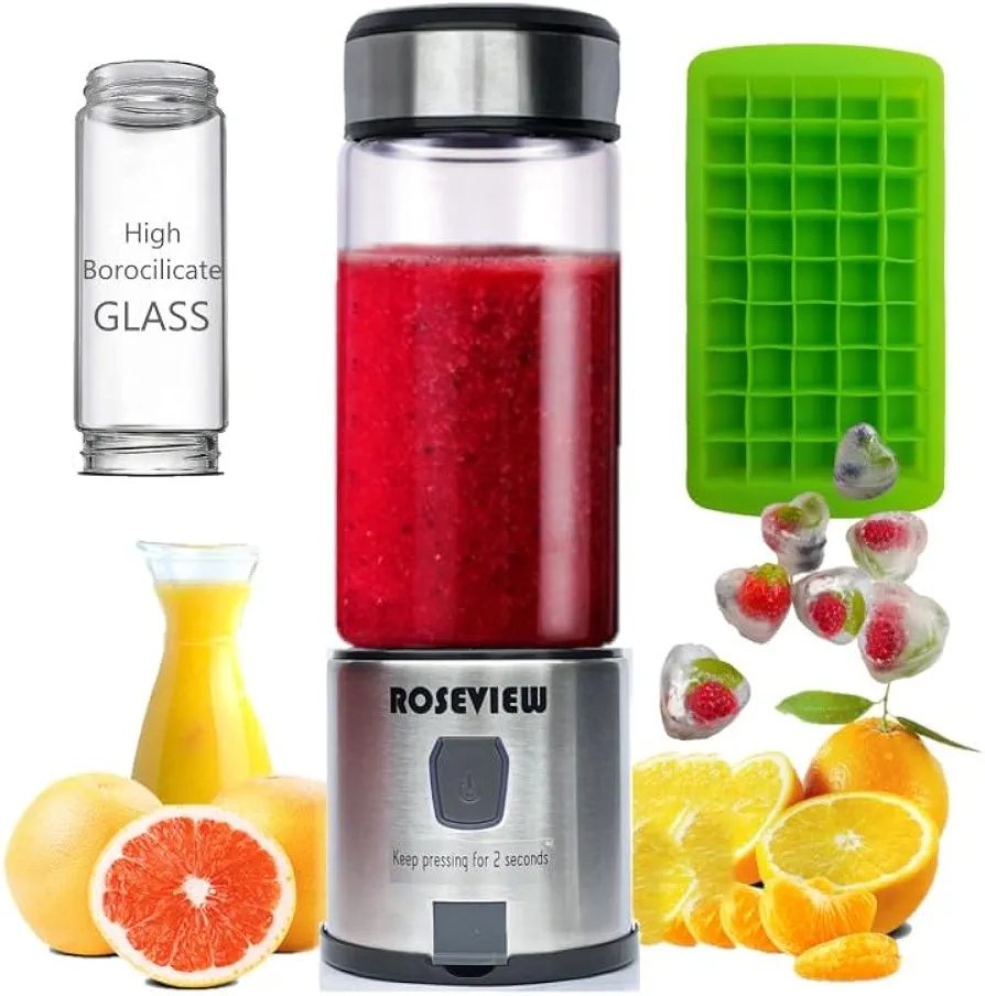 Portable Smoothie blender Glass bottle Mini USB rechargeable 2 battery Handheld Shakes blend Cup USB juicer Cordless Personal smoothies maker mixer (Black Steel)