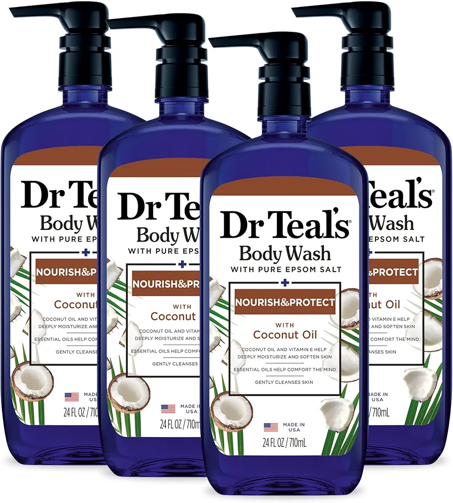 Dr Teal's Body Wash with Pure Epsom Salt, with Coconut Oil, 24 fl oz (Pack of 4) (Packaging May Vary)