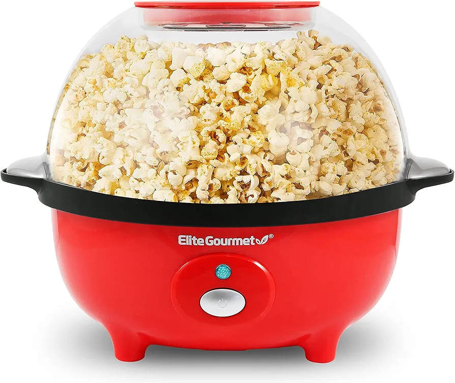 Elite Gourmet EPM330R Automatic Stirring 12-cup Popcorn Maker Popper, Hot Oil Popcorn Machine w/Measuring Cap & Built-in Reversible Serving Bowl, Great for Home Party Kids, Safety ETL Approved, Red