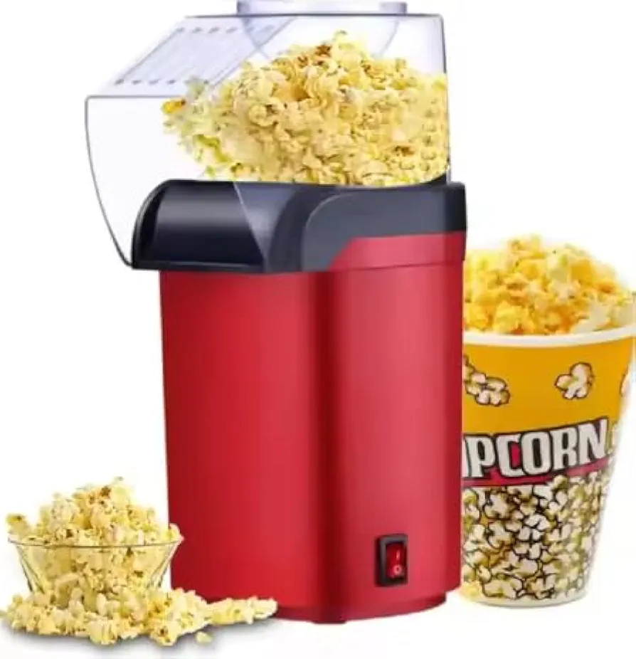 Plastic + Stainless Steel Hot Air Portable Popcorn Popper Machine, Electric, Automatic and Mini. Fast Machine cooks in a couple minutes and Melts Butter.1200 w and 110 volts, Red.