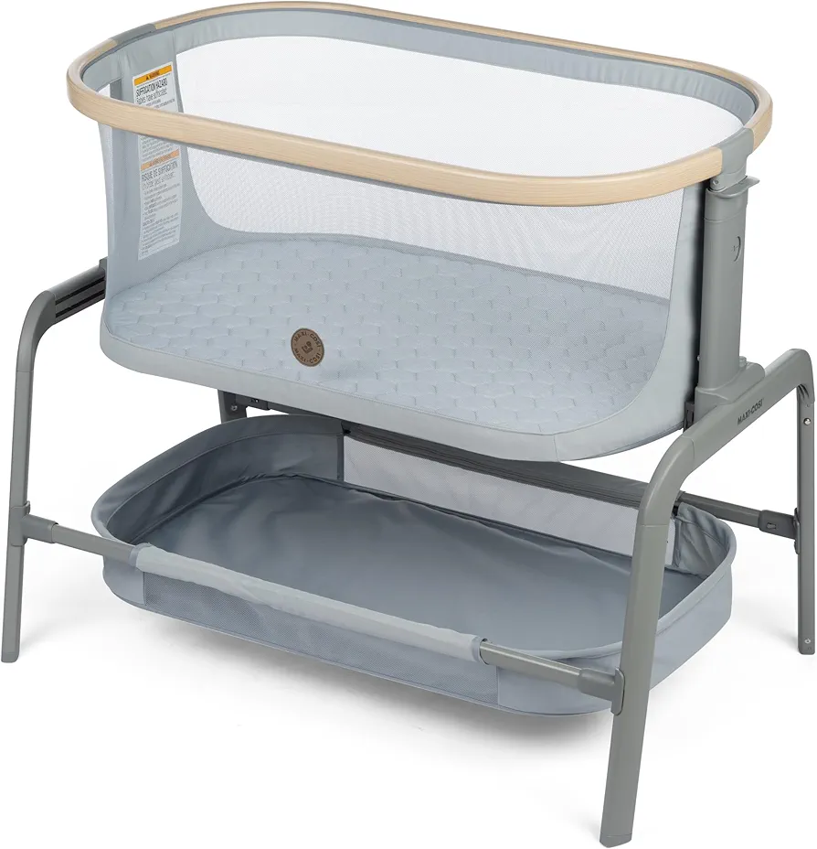 Maxi-Cosi Iora Baby Bassinets Bedside Sleeper, Portable Bassinet, Infant Bedside Sleeper Crib, Height Adjustable, Breathable Mesh, Large Storage Basket, Classic Slate