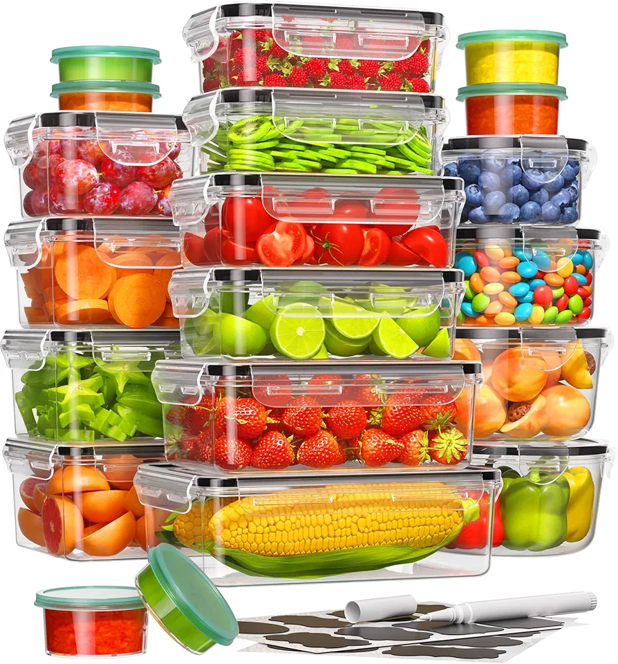 40 Piece Food Storage Containers with Lids(20 Containers & 20 Lids), Plastic Food Containers with Lids for Kitchen Storage and Organization Includes Labels & Pen