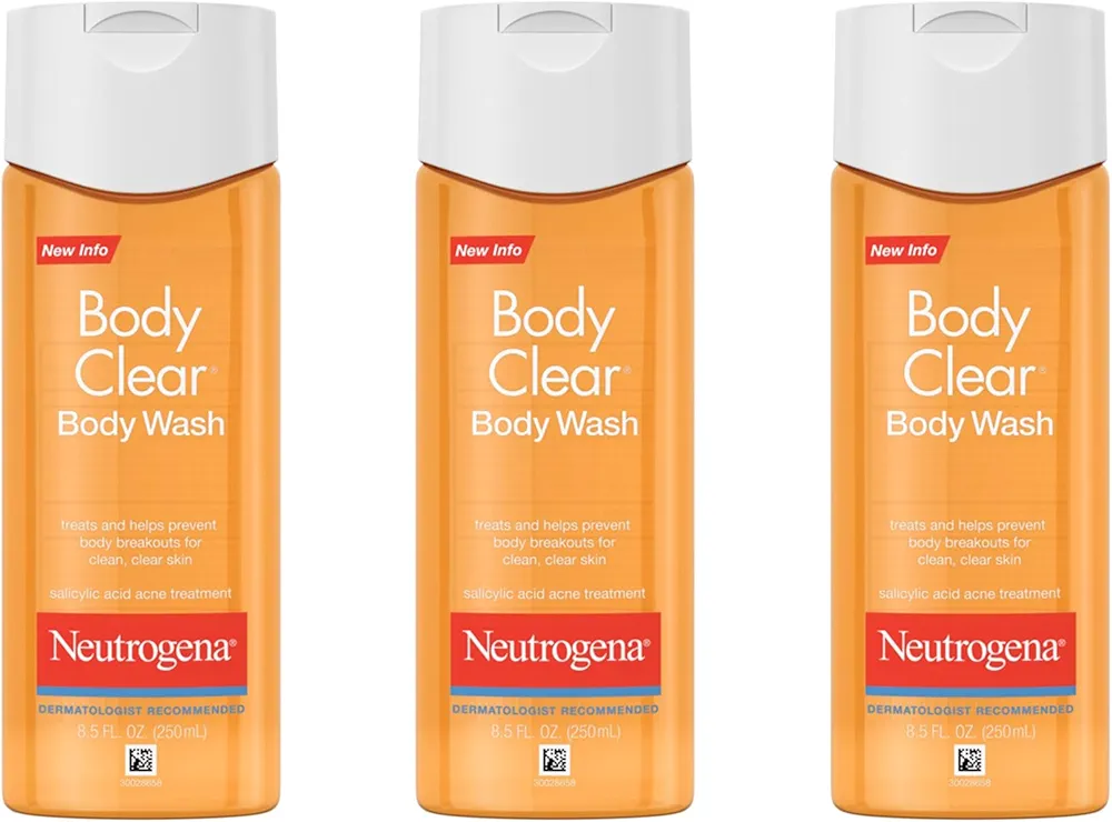 Neutrogena Body Clear Acne Body Wash with Glycerin & 2% Salicylic Acid Acne Medication, Oil-Free Acne Wash for Breakouts on Back, Chest & Shoulders, Non-Comedogenic, 8.5 fl. oz, Pack of 3