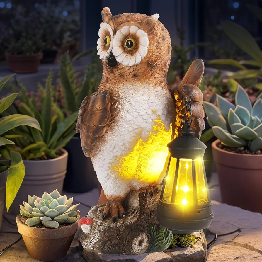 Solar Garden Statue Outdoor, Owl Garden Statue with Solar Lantern for Outdoor Decorations, for Patio,Balcony,Yard, Lawn-Unique Gifts for Women, Mom