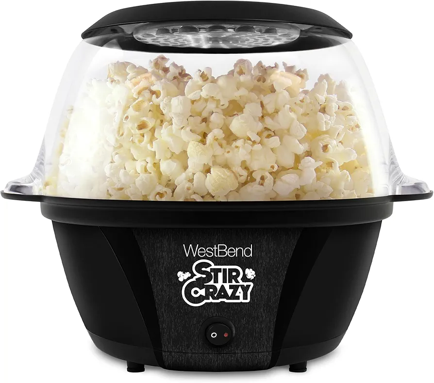 West Bend 82707B Stir Crazy Hot Oil Popcorn Popper, Popcorn Maker Machine with Large Serving Bowl Lid and Stirring Rod, 6 Qt, Black