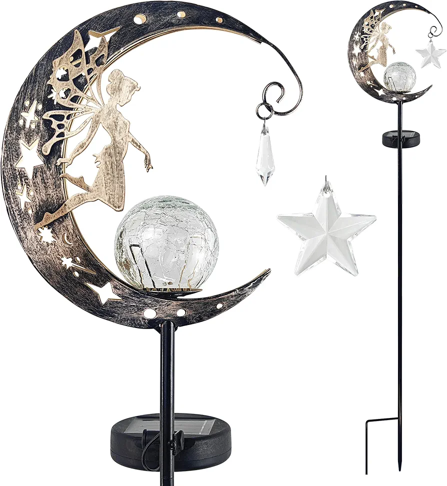 Garden Decor - Solar Moon Fairy Garden Light with Waterdrop & Star Charms, Waterproof Cool White Light, Housewarming Gifts for Mom