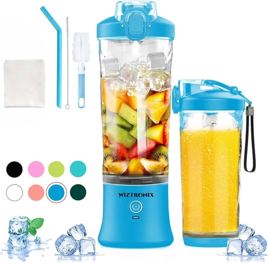 Cordless 21oz Portable Blender BPA Free With Personal Blender Cup, Best For Smoothie, Shakes, and Cocktails, With Durable Stainless Steel Blades, USB-C Rechargeable in Blue By WIZTRONIX