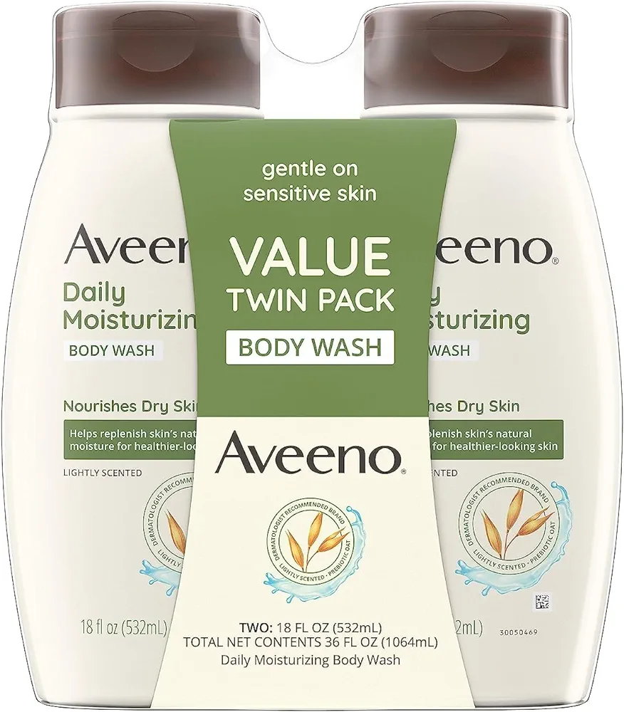 Aveeno Daily Moisturizing Body Wash for Dry & Sensitive Skin with Prebiotic Oat, Hydrating Body Wash Nourishes Dry Skin & Gently Cleanses, Light Fragrance, Sulfate-Free, 18 fl. oz, Pack of 2