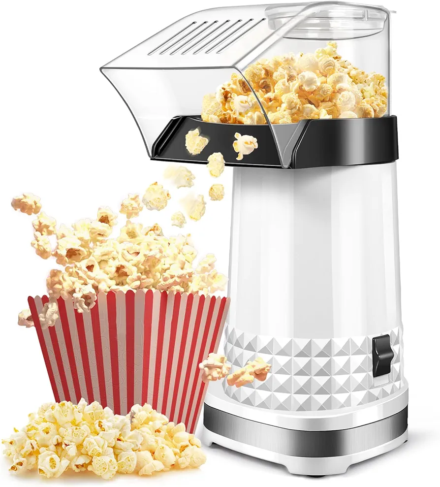 Quick & Easy Hot Air Popcorn Popper Maker with Measuring Cup + Melts Butter, 4.5 Quarts, Etl Certified, 1200W No Oil Electric Popcorn Machine with On/Off Switch, White