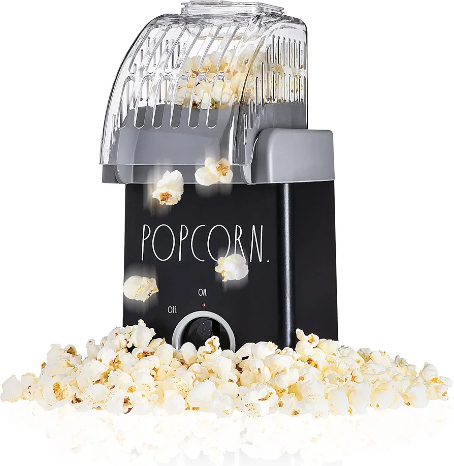 Hot Air Popcorn Making Machine, One Touch Easy to Use Fast Popping Popcorn Maker, Movie Theater Style Popcorn, 2 oz Capacity, With Removable Cover, Labeled "POPCORN" by Rae Dunn (Black)