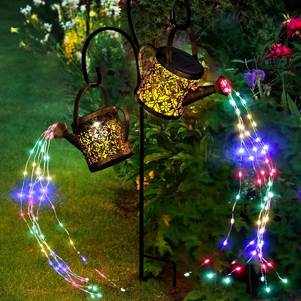 MEREAR Solar Watering Can Lights Outdoor with 8 Multi-Color Changing Modes, IP65 Waterproof Landscape Light Garden Decor, One Pole Two Lights Outside Decorations for Lawn, Backyard, Patio, Chrismas