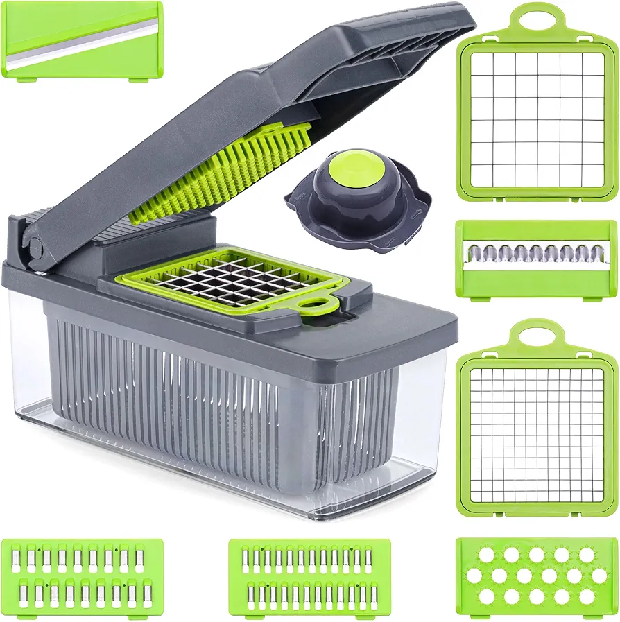 14-in-1 Vegetable Chopper w/Container, Multifunctional Veggie Cutter w/Dicer, Slicer, Shredder & Grater for Onion, Tomato & Potato, Safe Kitchen Tool for Food & Salad by Golden Nature