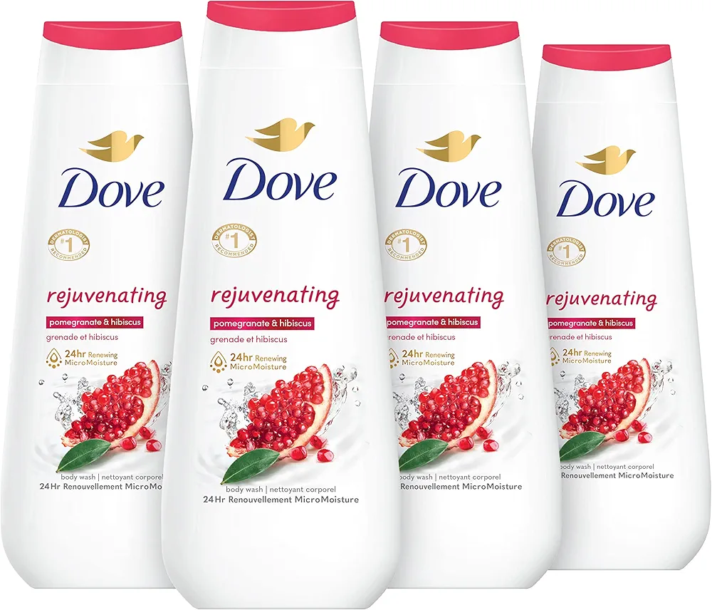 Dove Body Wash Rejuvenating Pomegranate & Hibiscus 4 Count for Renewed, Healthy-Looking Skin Gentle Skin Cleanser with 24hr Renewing MicroMoisture 20 oz