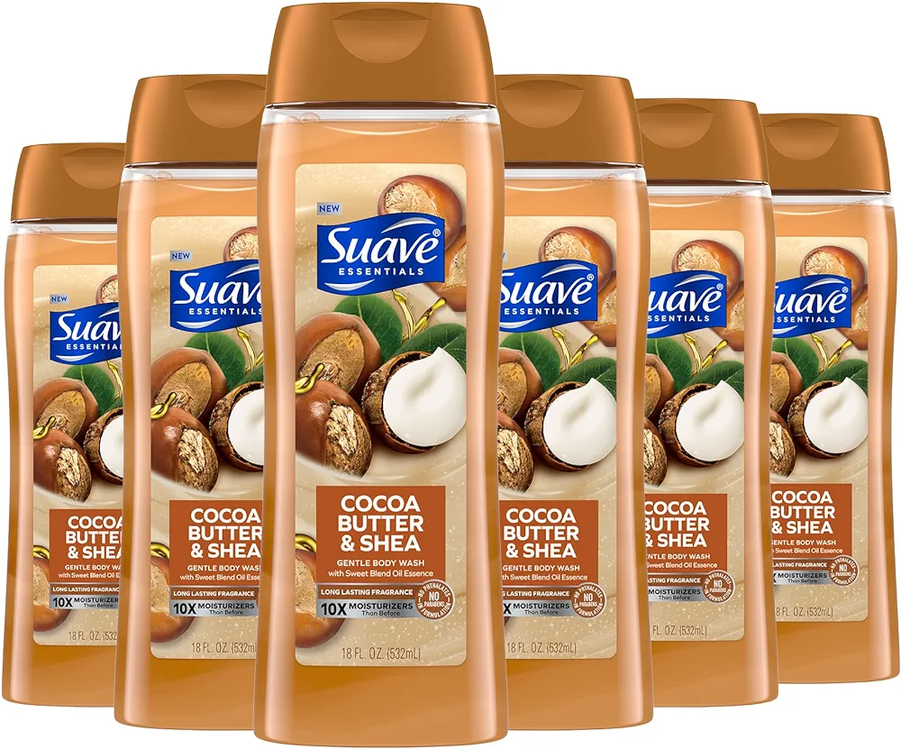 Suave Moisturizing Body Wash, Cocoa Butter and Shea with Vitamin E Extract, No Parabens, No Phtahaltes, 18 Oz Pack of 6