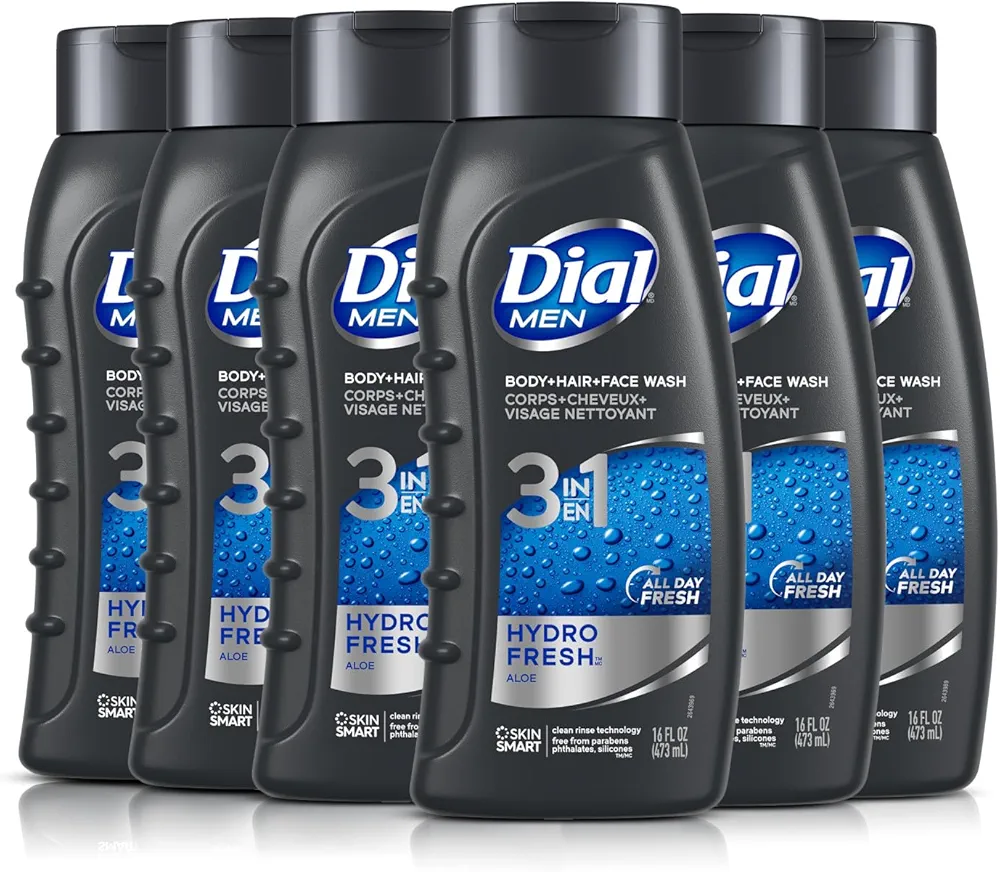 Dial Men 3in1 Body, Hair and Face Wash, Hydro Fresh, 16 fl oz, Pack of 6