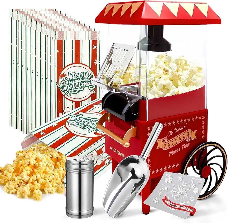 Popcorn Machine, Christmas Hot Air Popcorn Maker Kit Gift Box, Portable Home Popcorn Popper Machine, 10-Cup,Oil-Free,Retro Style,Compact and Cute