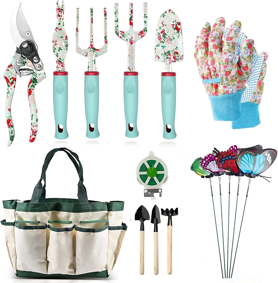 Ensemble Outils Jardinage,16 Pièces Floral Cadeaux D'outils à Main de Jardinage Cadeaux de Jardinage pour Femmes et Hommes, avec Sécateur et Fourre-Tout de Rangement à Très Grande Poignée