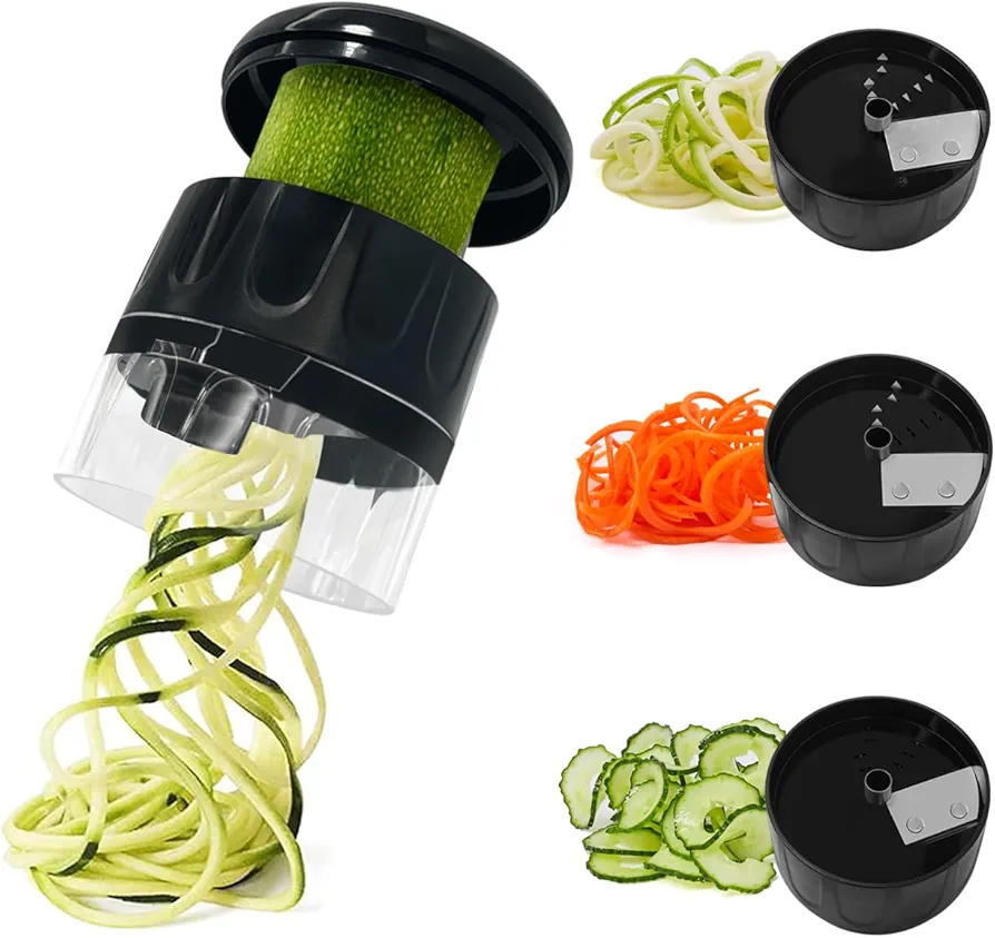 Vegetable Spiralizer 3 in 1 Spiralizer for Veggie Noodles Adjustable Zucchini Noodle Maker Vegetable Chopper for Cucumber, Zucchini, Carrot- Black