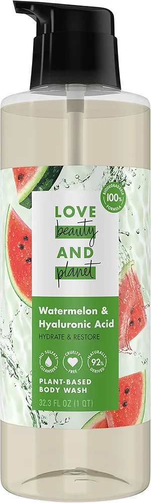 Love Beauty and Planet Plant-Based Body Wash Hydrate and Restore Skin Watermelon and Hyaluronic Acid Made with Plant-Based Cleansers and Skin Care Ingredients 32.3 fl oz