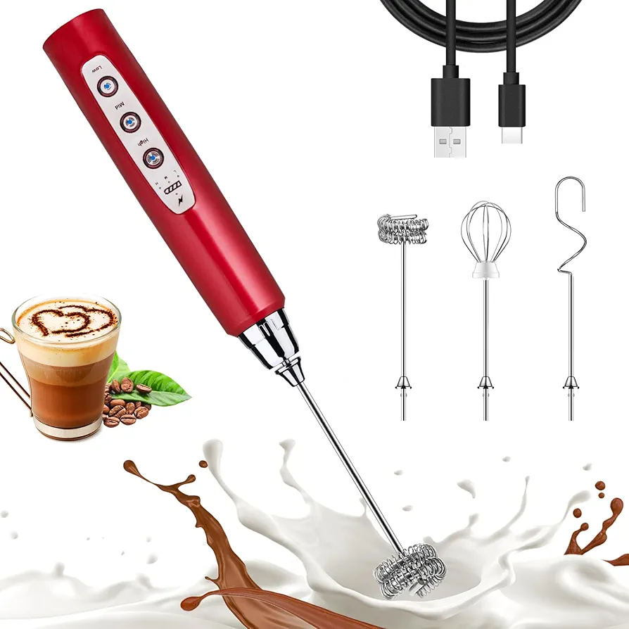 Nahida Red Milk Frother Wand for Coffee, Frother Handheld Rechargeable Electric Whisk with 3 Heads 3 Speeds Drink Mixer Coffee Frother Foam Maker For Latte, Cappuccino, Hot Chocolate, Egg