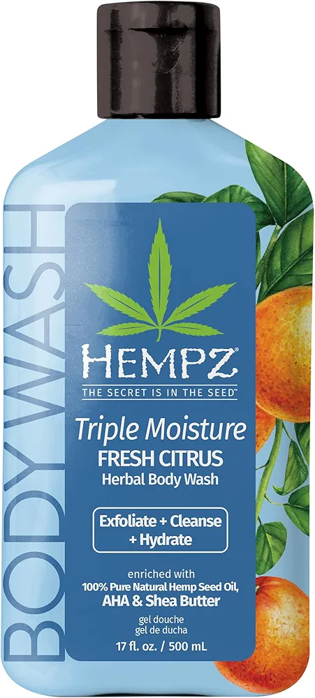 Hempz Triple Moisture Body Wash - Grapefruit & Peach - Hydrating for Sensitive Skin, Scented, Exfoliating with Shea Butter, Pure Hemp Seed Oil, and Algae for Sensitive Skin - 17 fl oz