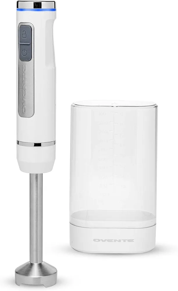 OVENTE Electric Cordless Immersion Hand Blender 200 Watt 8-Mixing Speed with Stainless Steel Blades, Heavy-Duty Portable & Rechargeable Perfect for Smoothies, Puree Baby Food & Soup, White HR781W