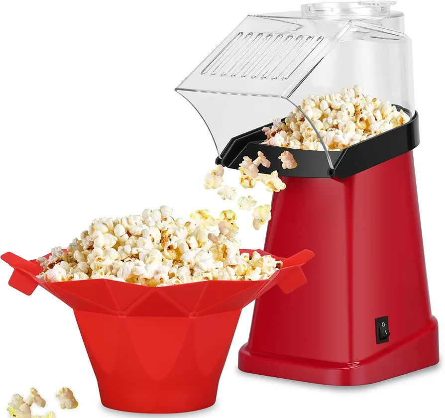 Hot Air Popcorn Popper Maker with Popcorn Bowl, Fast Popcorn Machine in Minutes with Measuring Cup and Butter Melting Tray for Party Kids,16 Cups, Red