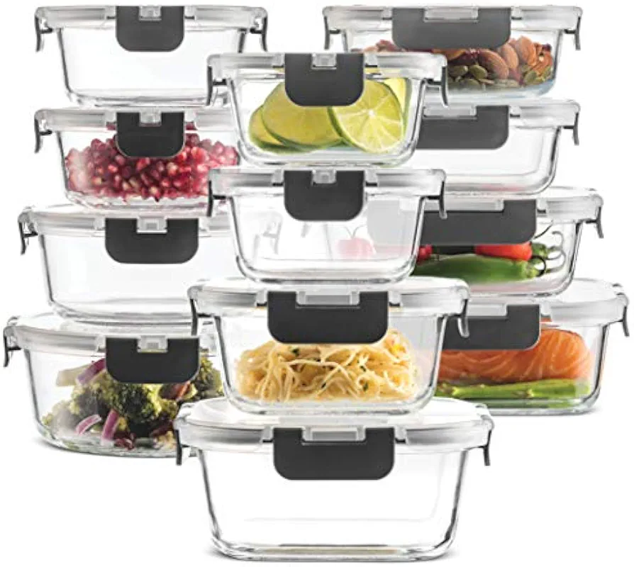 FineDine 24 Piece Glass Storage Containers with Lids - Leak Proof, Dishwasher Safe Glass Food Storage Containers for Meal Prep or Leftovers, Gray