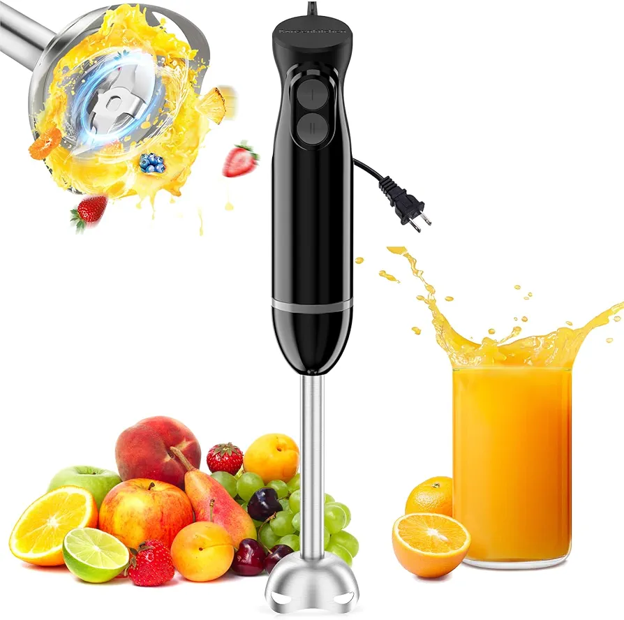 Bonsenkitchen Hand Blender, Immersion Blender with 2 Mixing Speed, Electric Handheld Blender Portable Stick Mixer with Stainless Steel Blades for Soup, Smoothie, Puree, Baby Food