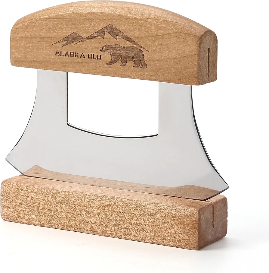 5inch Alaskan Mezzaluna Ulu Knife, Salad Veggies Rocker Chopper Slicer Cutter Hashing Chopping Mincing Cleaver with Wooden Stand Arthritic Tool