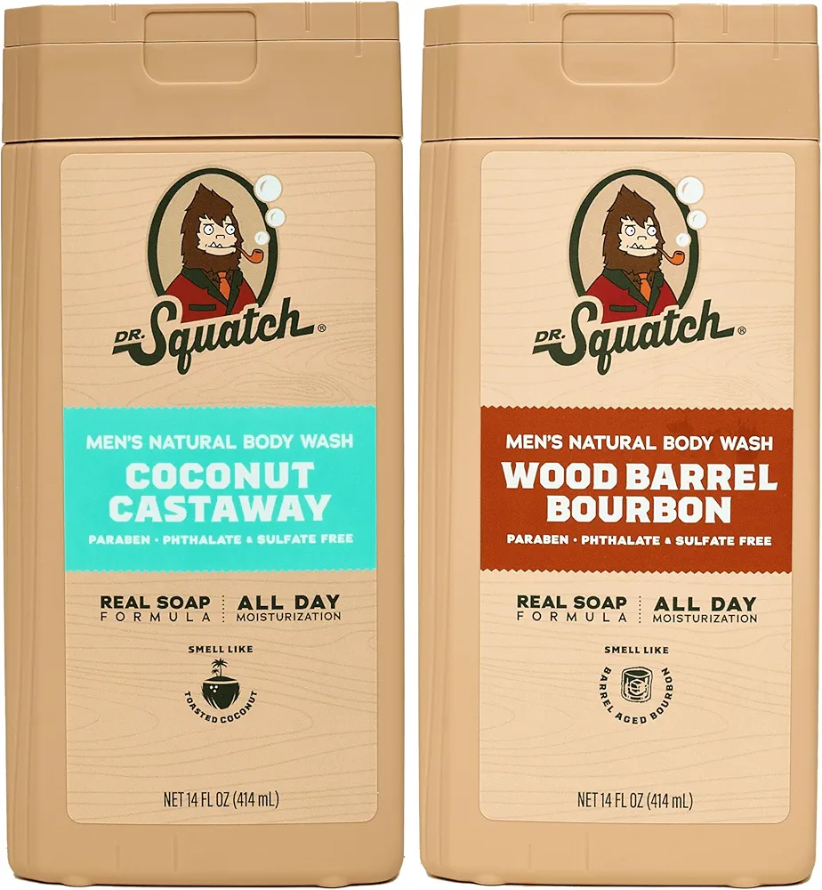 Dr. Squatch NEW Natural Body Wash for Men - Non-Exfoliating - Coconut Castaway + Wood Barrel Bourbon (14 oz, 2 Pack)