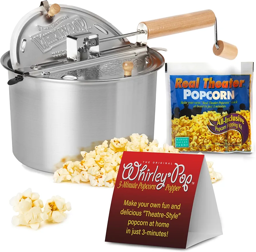 Original Whirley-Pop Popcorn Popper Kit - Metal Gear - Stainless Steel - 1 Real Theater All Inclusive Popping Kit