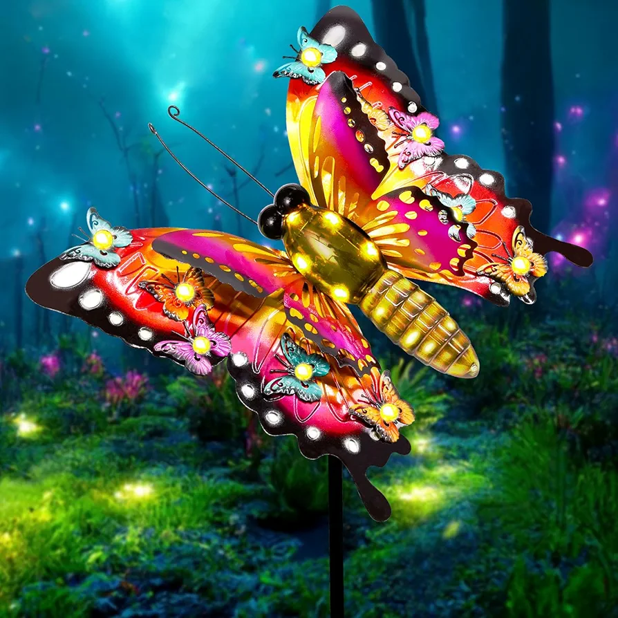 Solar Garden Lights, Outdoor Butterfly Garden Decor Large 41" Metal Decorative Garden Stake Lights, Waterproof Butterfly Decoration for Outside Patio Yard Porch Birthday Gardening Gifts for Mom Women