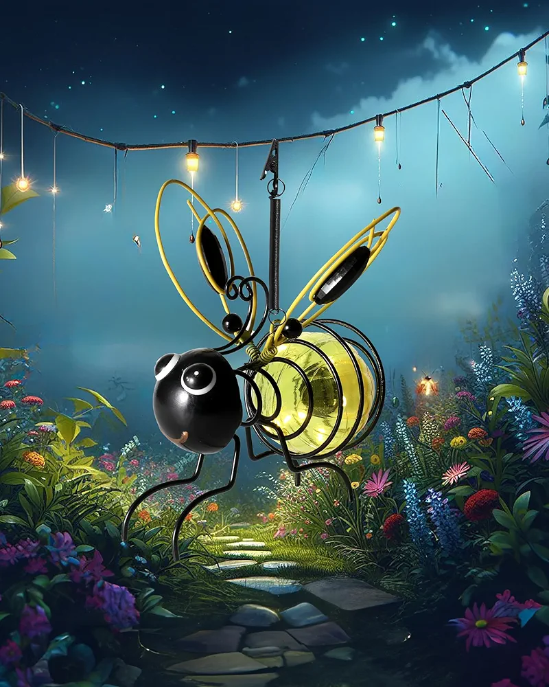 iStatue Solar-Powered Hanging Bee Light - Metal LED Outside Bugs with Bouncy Springs - Solar Fairy Lights for Outside Garden Decor Backyard Balcony Porch Spring Decoration (Yellow)