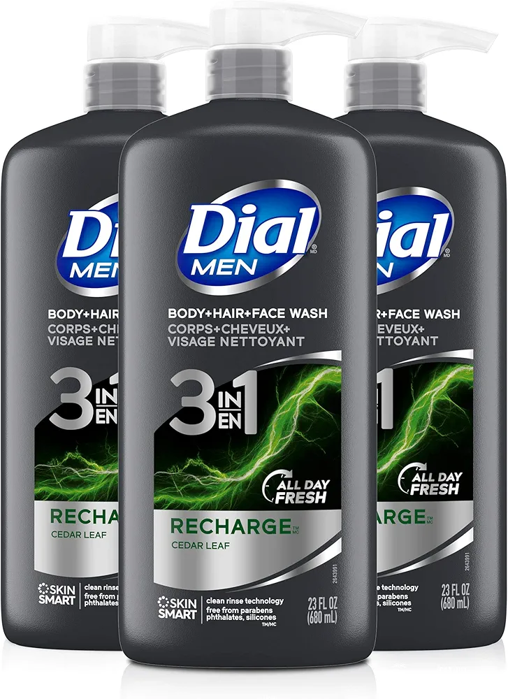 Dial Men 3in1 Body, Hair and Face Wash, Recharge, 69 fl oz (3-23 fl oz Bottles)