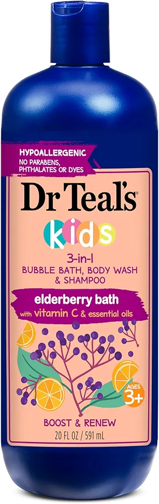 Dr Teal's Kids 3-in-1 Elderberry Bath: Bubble Bath, Body Wash & Shampoo, 20 fl oz.