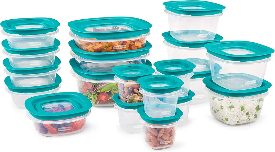 Rubbermaid 38-Piece Food Storage Containers with Snap Bases for Easy Organization and Lids for Lunch, Meal Prep, and Leftovers, Dishwasher Safe, Clear/Blue