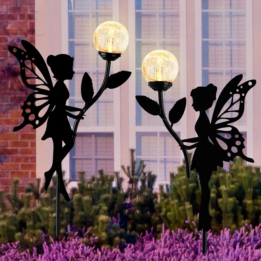 Ouddy Decor 2 Pack Solar Fairy Garden Decor, Metal Fairy Statues with Crackle Glass Globe Solar Garden Lights Outdoor Silhouette Waterproof for Lawn Patio Yard Pathway Gardening