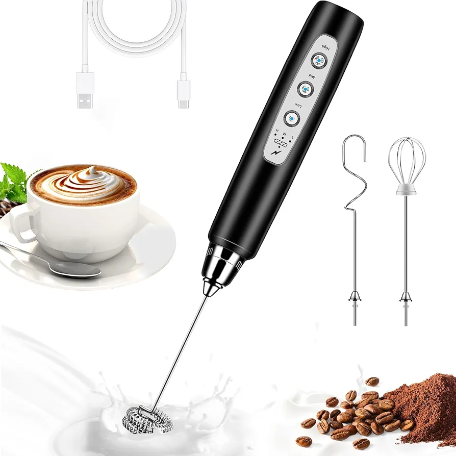 Milk Frother Handheld for Coffee, Electric Whisk 3 Speed Adjustable, Drink Mixer with Stainless 3 Whisks, Rechargeable Hand Frother Wand, Foam Maker for Latte Cappuccino Hot Chocolate Egg Black