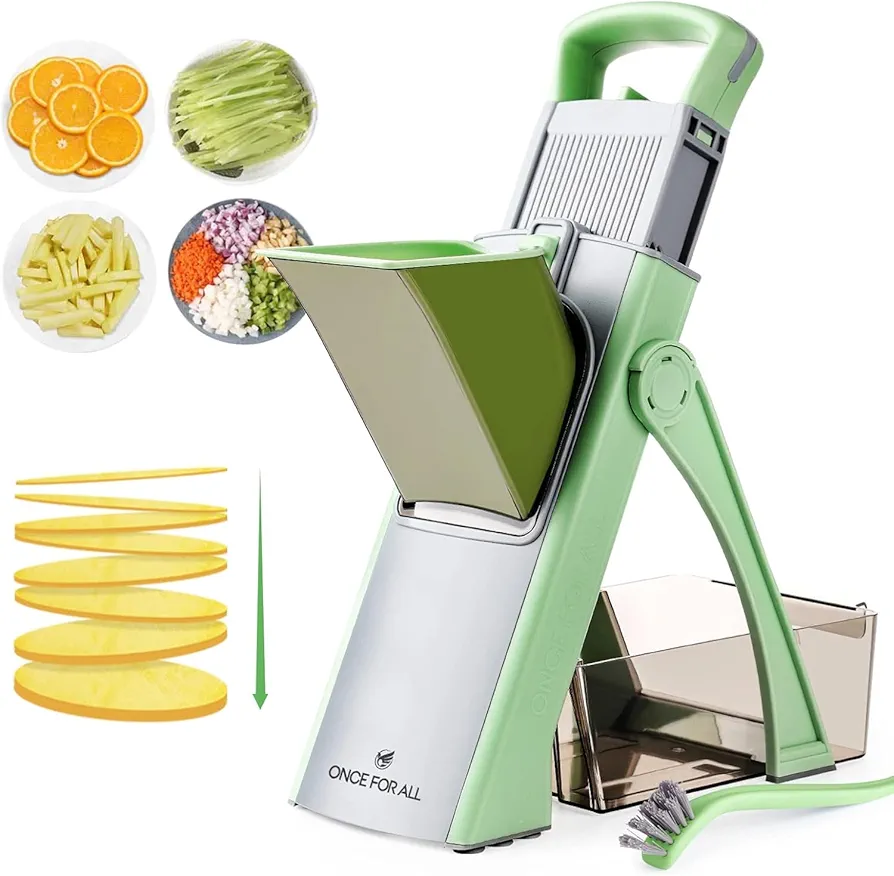 ONCE FOR ALL Upgrade Safe Mandoline Slicer Plus, Adjustable Vegetable Food Chopper Potato Fries French Fry Cutter, Detachable Blade, Kitchen Chopping Artifact, New Kitchen Gift JS03 Green