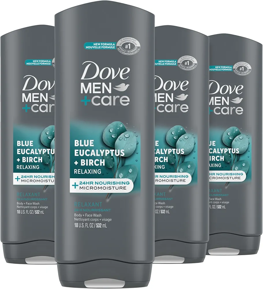 DOVE MEN + CARE Mens Body Wash Blue Eucalyptus and Birch 4 Count Dry Skin Body Wash with Micromoisture, Effectively Washes Away Bacteria While Nourishing Your Skin, 18 oz