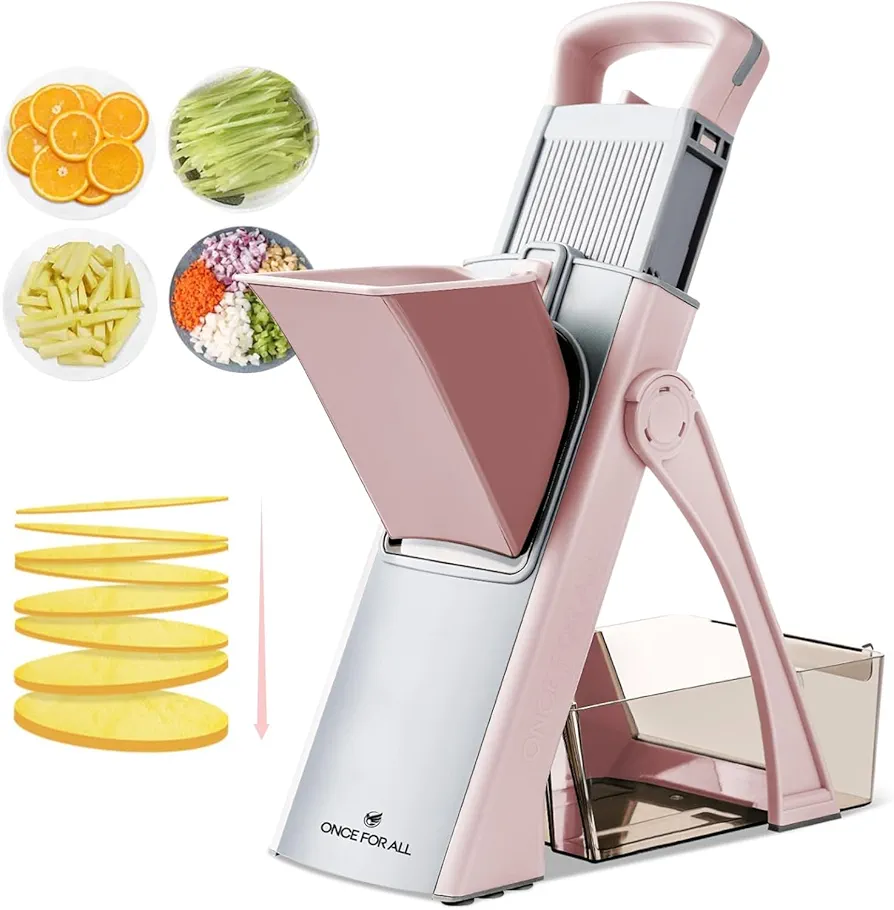 ONCE FOR ALL Upgrade Safe Mandoline Slicer Plus, Adjustable Vegetable Food Chopper Potato Fries French Fry Cutter, Detachable Blade, Kitchen Chopping Artifact, New Kitchen Gift (Pink)